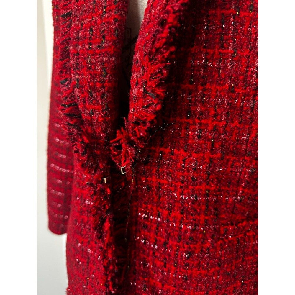 Chico's Red Tweed Blazer Jacket Fringe Metallic Open Front Women's US 1 (8) - Picture 6 of 8
